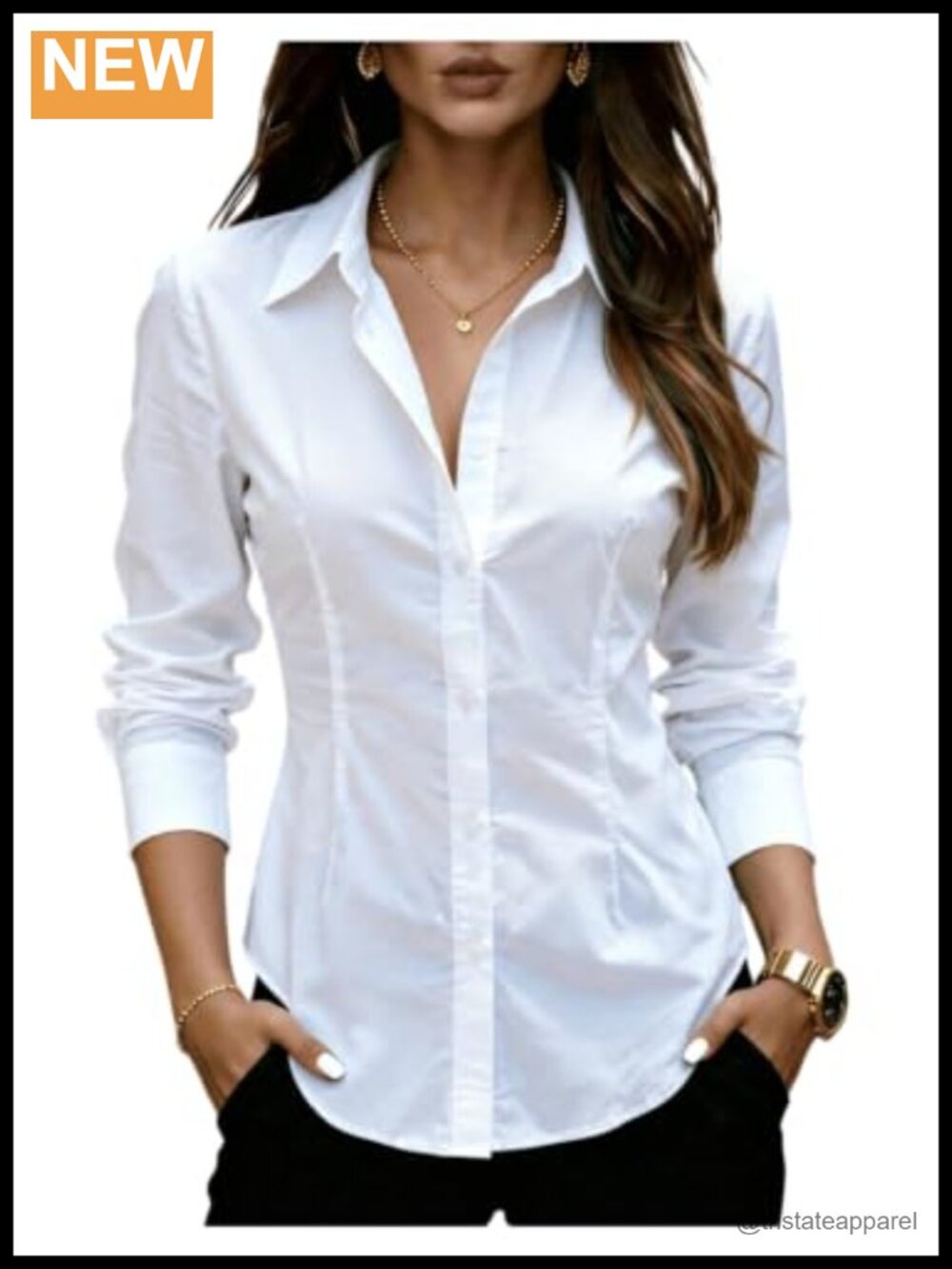 Long Sleeve Button Down Shirt Dress Blouse Collared Neck Fitted Office Top